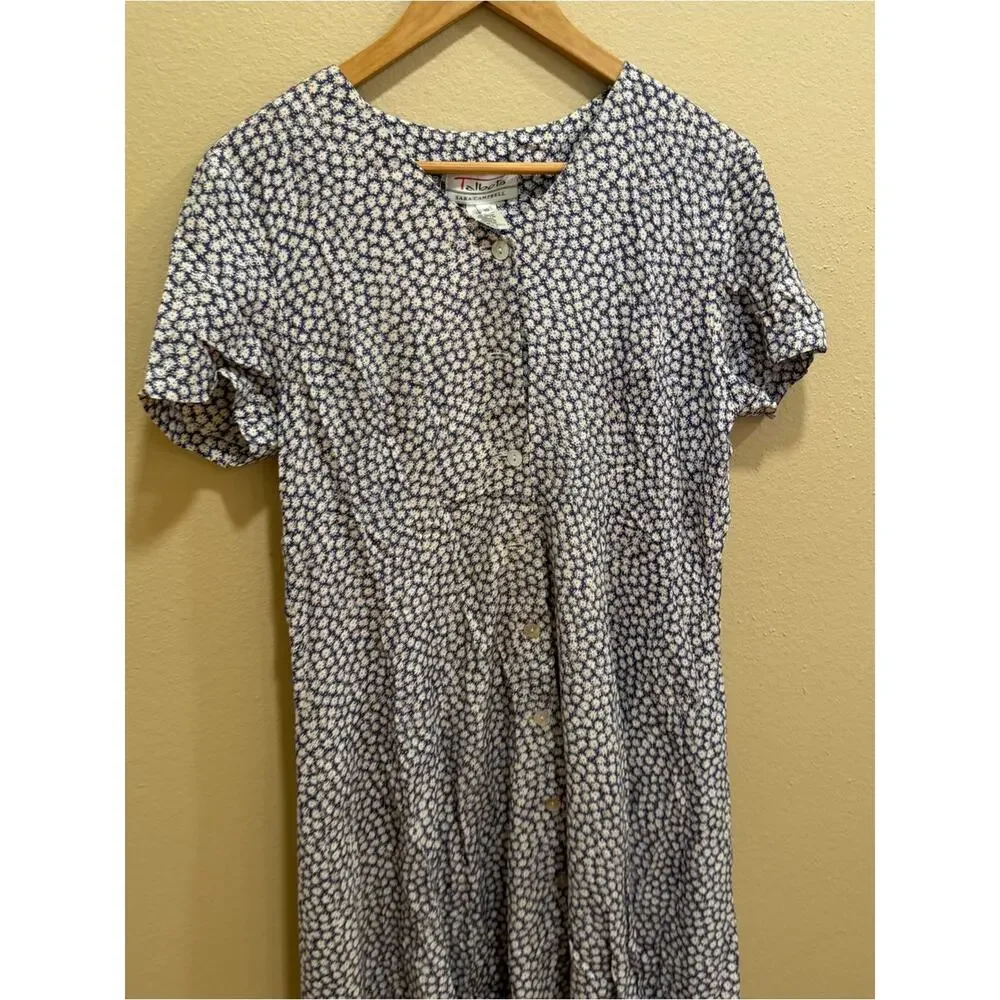 Vintage Talbots Sara Campbell Button-Front Floral Dress in Cream Navy 10